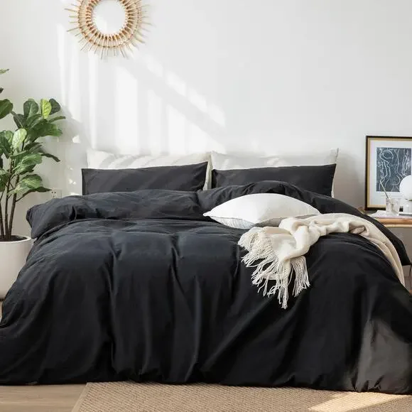 MooMee Bedding Duvet Cover Set 100% Washed Cotton Twill Linen Like Black Queen - Picture 3 of 7